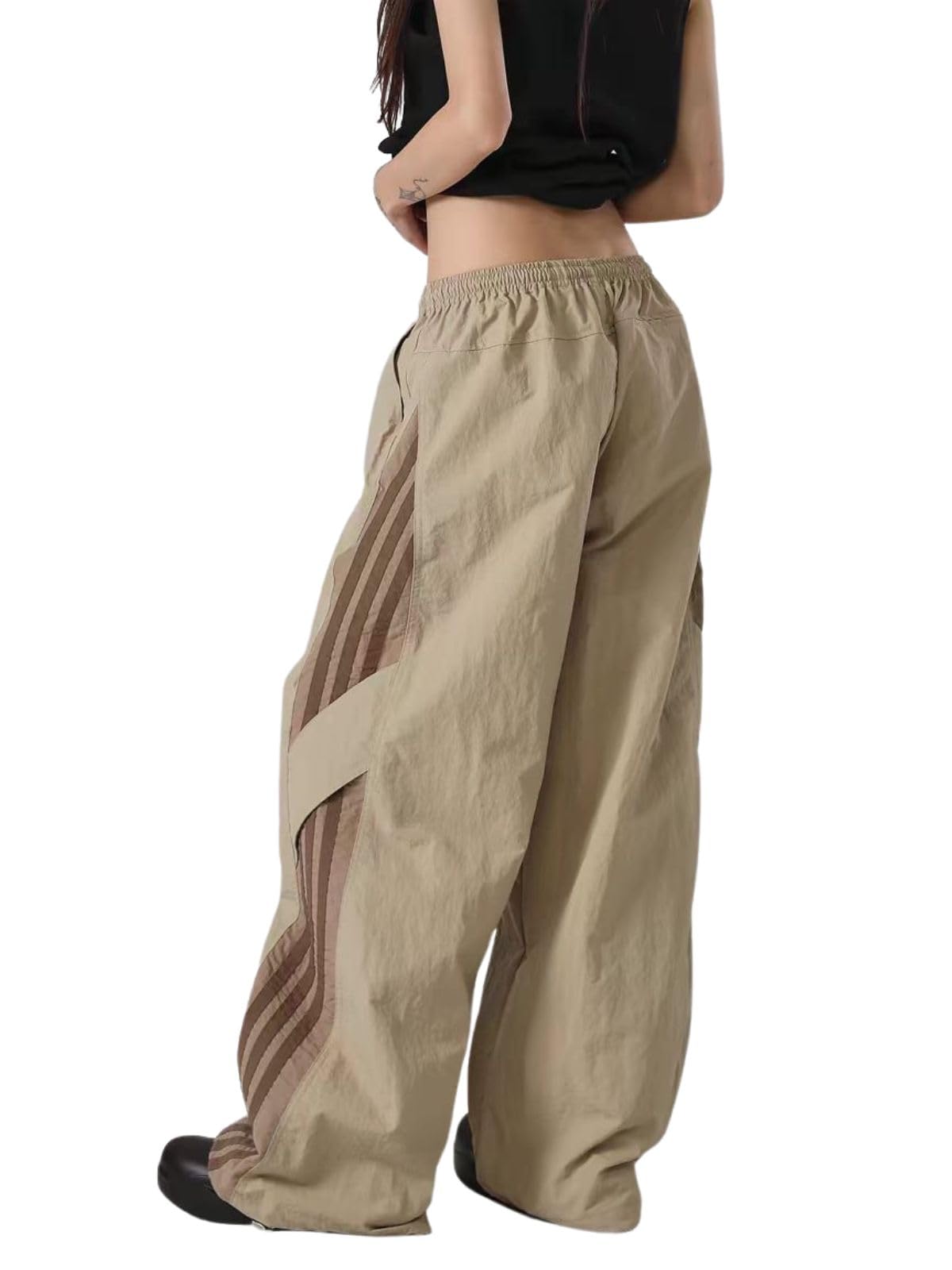 PUKUPE Striped Baggy Parachute Pants for Men Y2k Track Pants Cargo Sweatpants with Drawstring Black