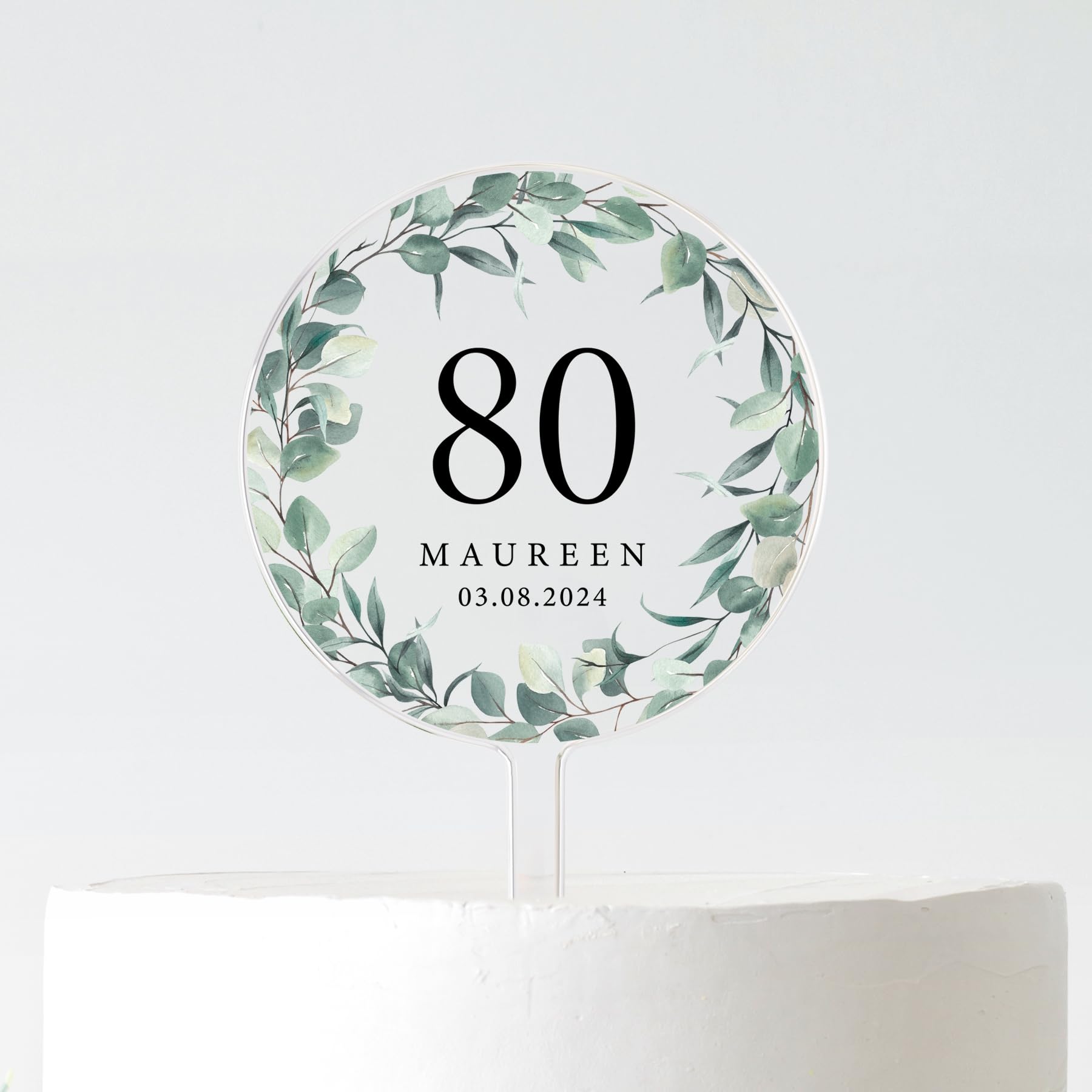 Personalised Birthday Cake Topper | Custom Age & Name Cake Decoration | Acrylic Round Cake Topper | 10cm or 12cm | Black or White Tex (Eucalyptus Wreath 80, 12CM)