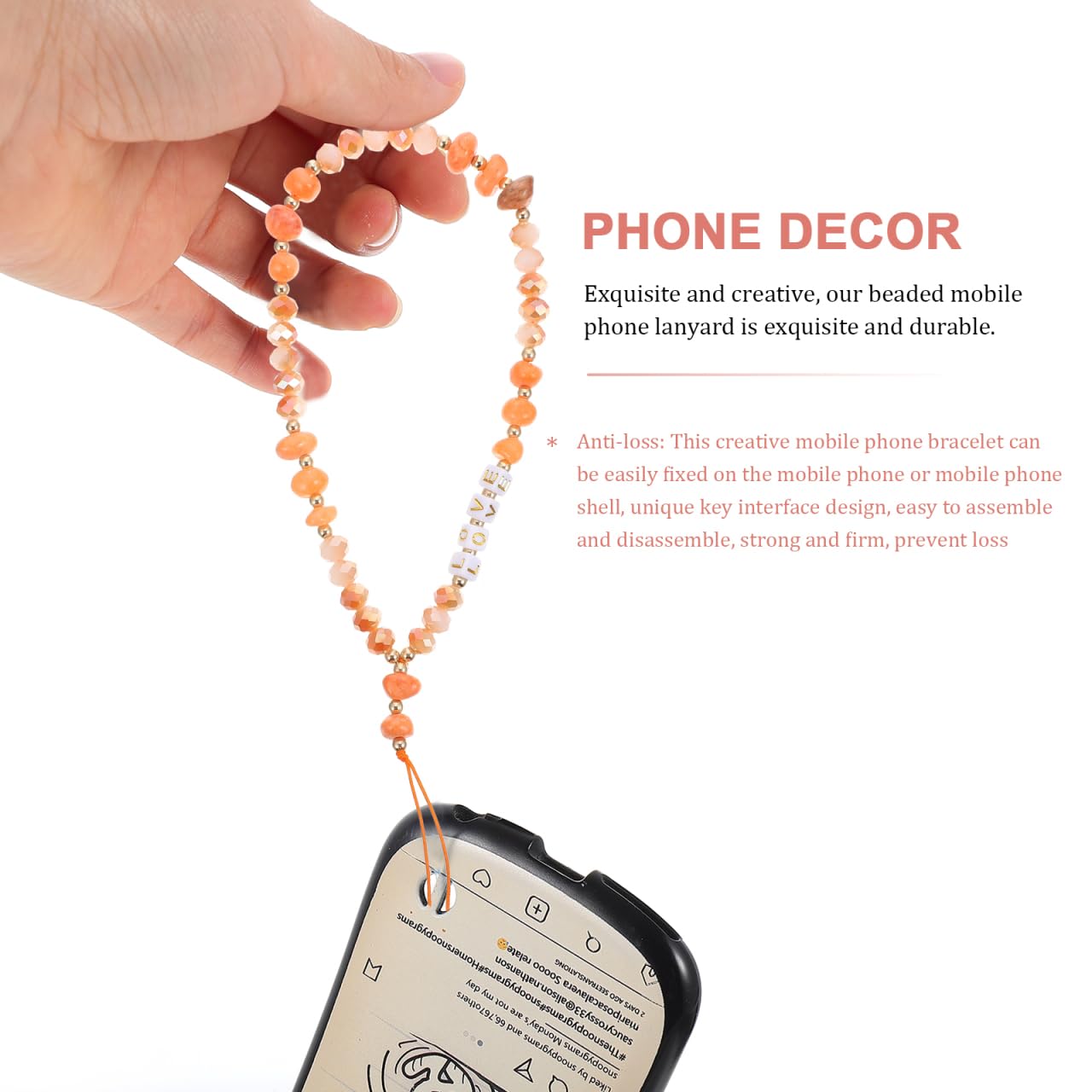 SEWACC Lanière Portable pour Téléphone avec Perles Décoratives Antidérapante Orange