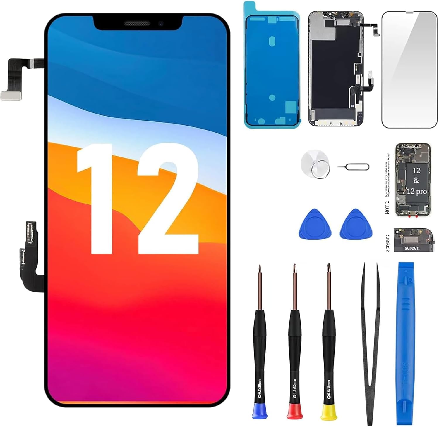 for iPhone 12/12 Pro Screen Replacement 6.1" with Ear Speaker and Proximity Sensor, 12pro 3D Touch Display LCD Digitizer Full Assembly with Repair Kits Fix Tools for A2172, A2402, A2403, A2404