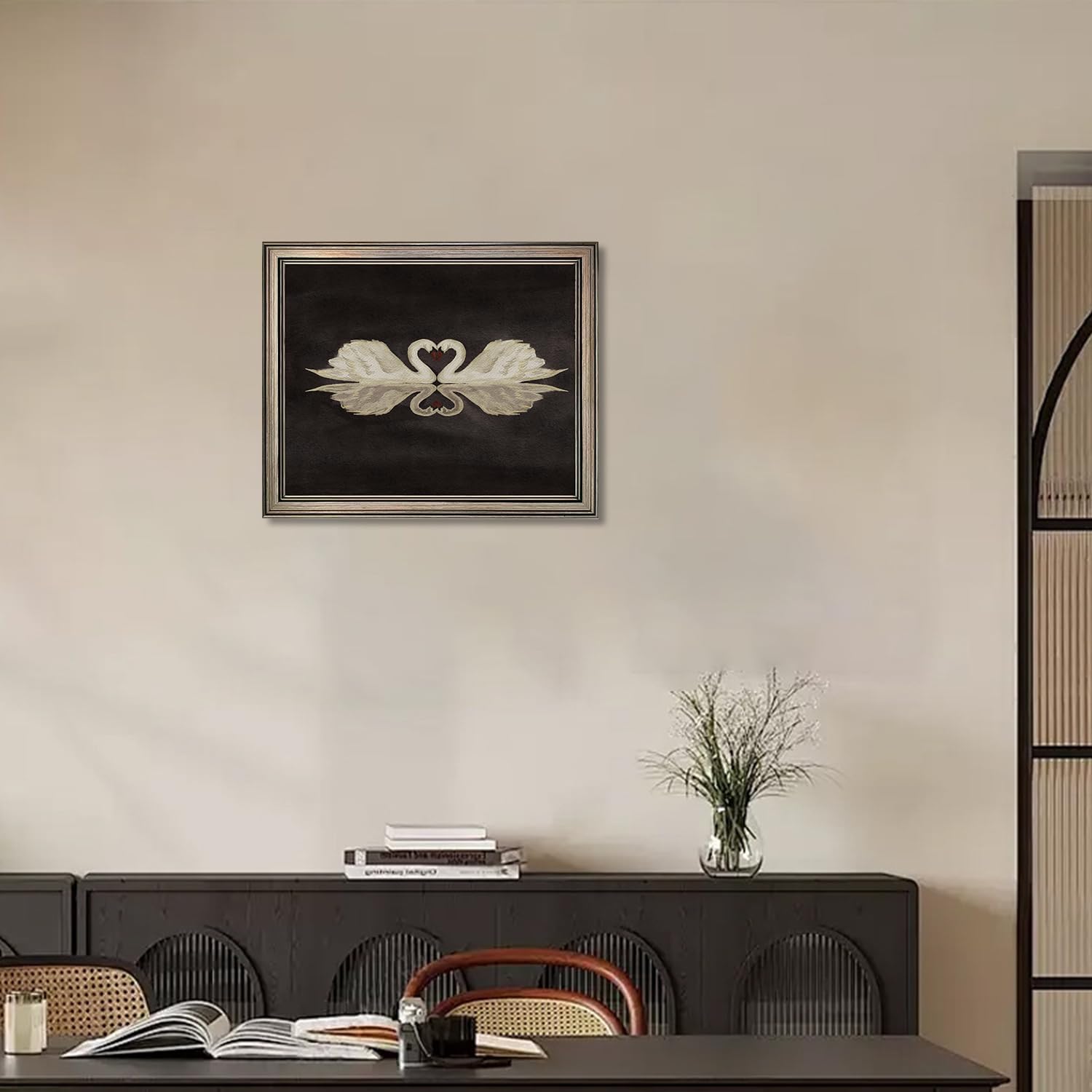 Framed Wall Art for Living Room Swan Art Canvas Prints Vintage Home Decor Black Animal Oil Painting Classical White Swan Loves Picture Rustic Bathroom Wall Decor Gifts for Friends or Family
