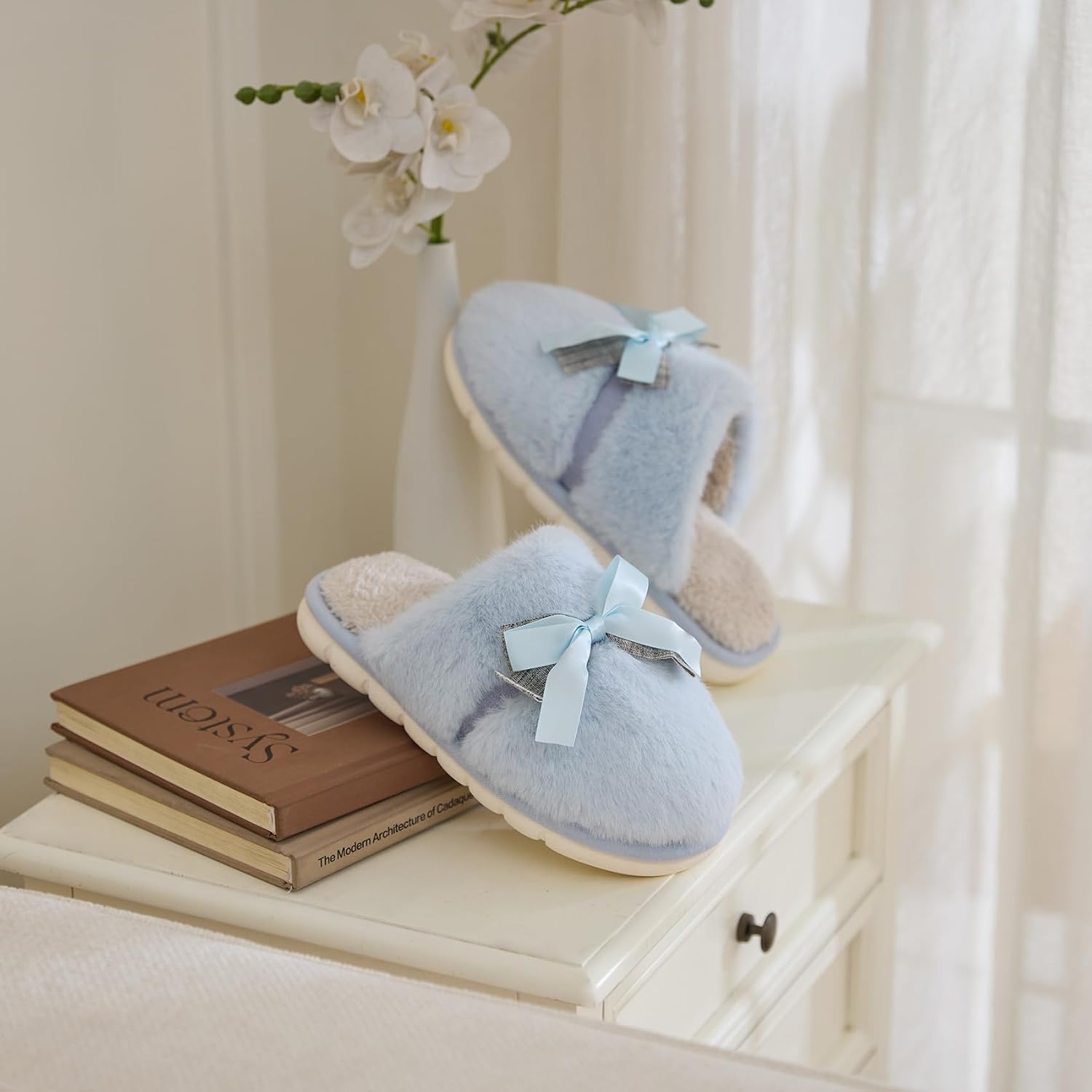 Cute Women's Memory Foam House Slippers- Fuzzy Plush Cozy Shoes with Bow image 3