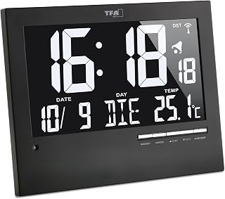 TFA Dostmann Digitale Funkuhr mit automatischer Hintergrundbeleuchtung, 60.4508, mit Innentemperatur, Datum, Wochentag, schwarz, Wanduhr, L 230 x B 31 (80) x H 185 mm