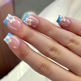 24 Stück Press on Nails Kurz Square, Press on Nails French Square, Blaue Spitze mit Weißem Blumenmuster Komplettes Set