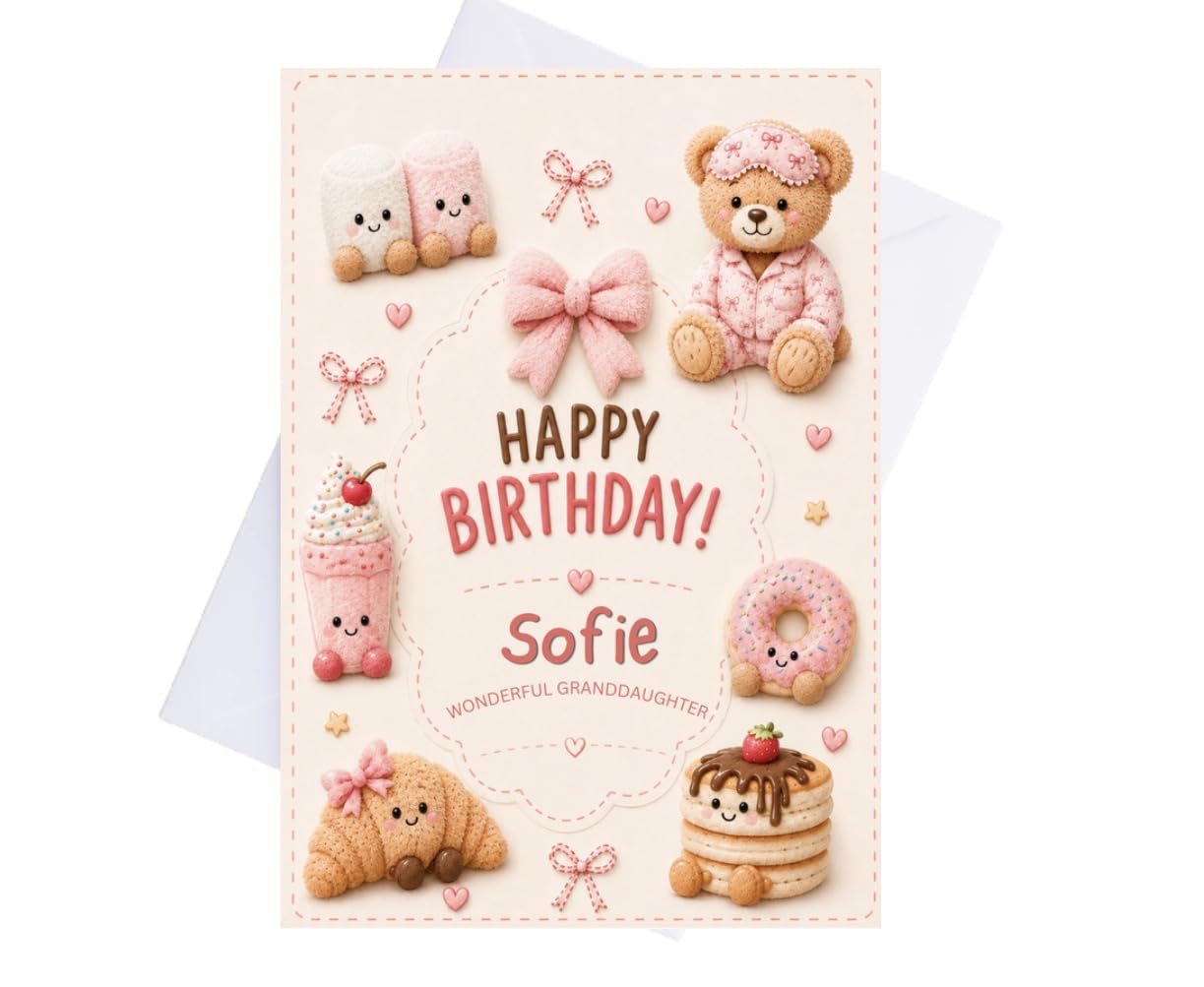 Personalised Birthday Card – Cute Bear Plush Dessert Card – Custom Name, Any Age & Relation – Granddaughter Daughter Niece Birthday Card – A5 300gsm Matte Card