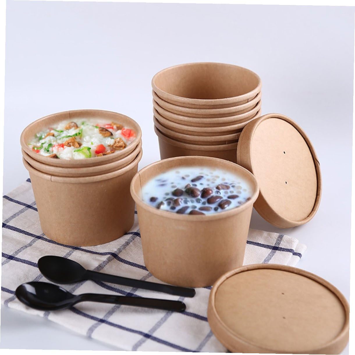Gatuida 50pcs 8oz Kraft Paper Ice Cream Bowls with Lids Thickened Disposable Soup Containers for Takeout and Homemade Dessert Storage