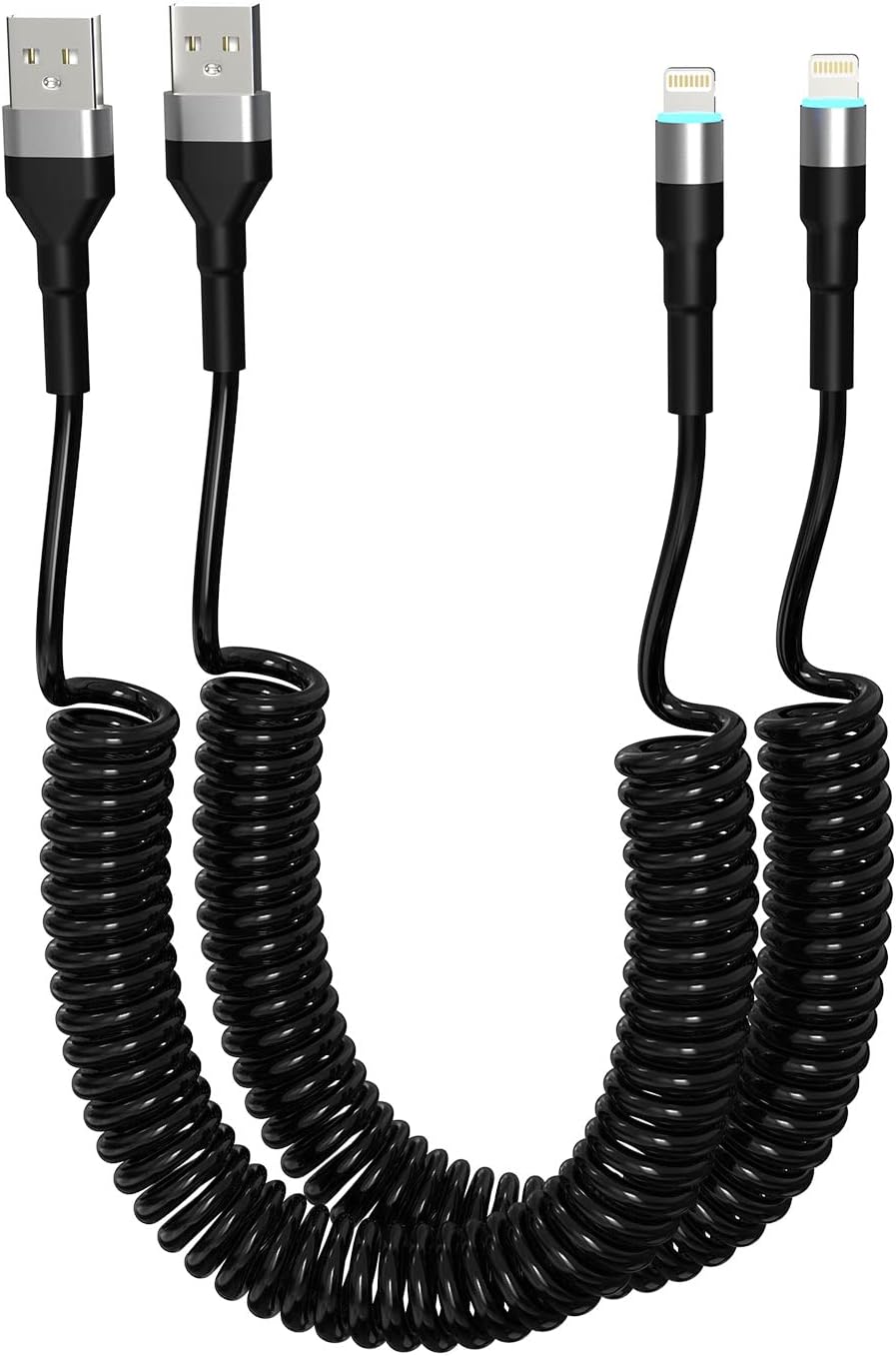 Coiled iPhone Charging Cable 2-Pack, Apple Carplay & MFi Certified, Short USB to Lightning Cable with Data Transmission and LED, Retractable iPhone Car Charger Cord for iPhone/Pad/Pod