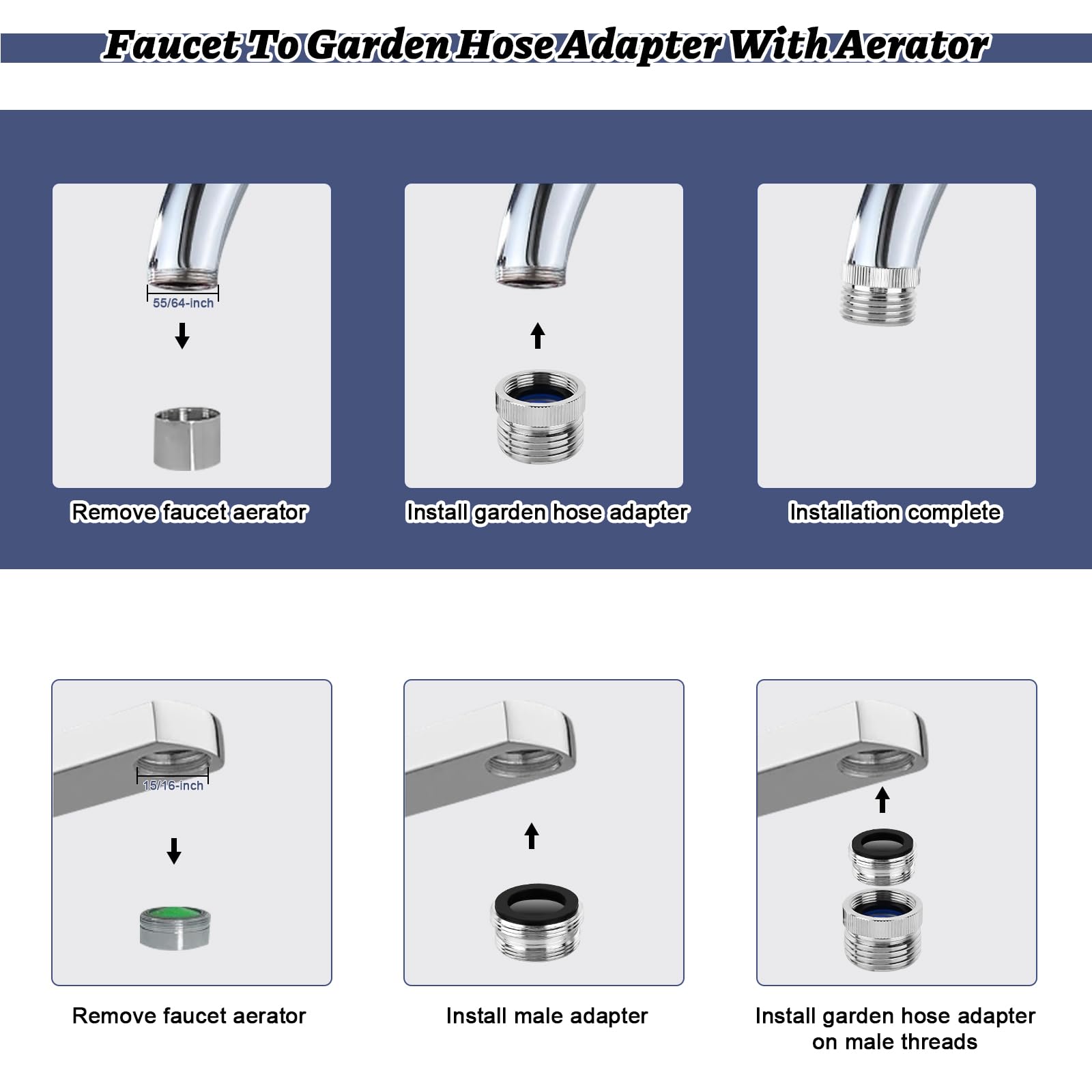 Liyquint Faucet Adapter Set – Convert Sink Faucet To Garden Hose, 3/4" GHT Thread, With Aerator Key & Washer (Chrome)