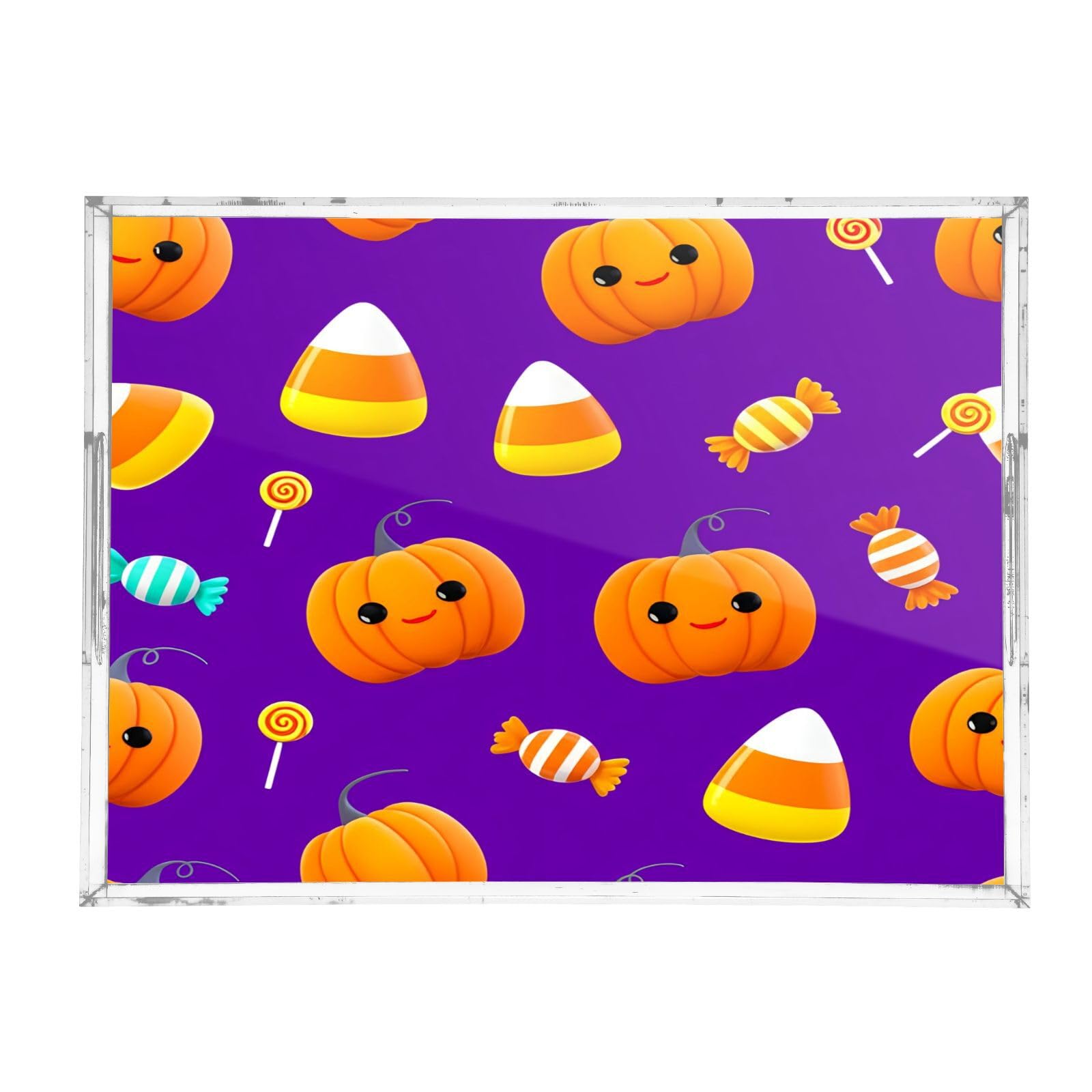 BOESI Cute Halloween Pumpkin & Candy Acrylic Decorative Dining Tray, Acrylic Decorative Tray Organizer with Handle for Kitchen, Dining Room, Bathroom, Dresser