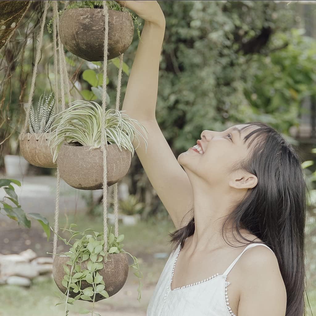 Rainforest Bowls Set of 2 3-Tier Hanging Coconut Planters w/Drainage - Perfect for Succulents, Flowers, Small Plants, Indoor & Outdoor Gardens- Handcarved by Artisans, Eco-Friendly & Sustainable