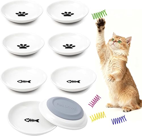 Miniatura 8 de Cuencos de cerámica para comida de gato para gatos y gatitos de interior, 4 lindos cuencos para alimentación de gatos, platos poco profundos de