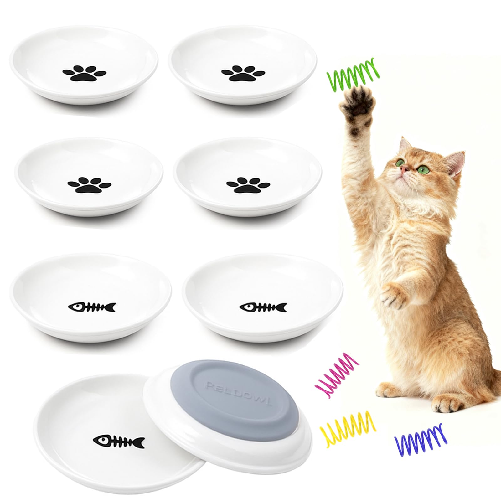Katzennapf Flach Keramik Futterschale – Futternapf Katze, Whiskerfreundlicher Katzenfutternapf für Nass- & Trockenfutter, rutschfeste Katzenschüssel, Katzenfressnapf mit 4 Katzenspielzeugen (8pc)