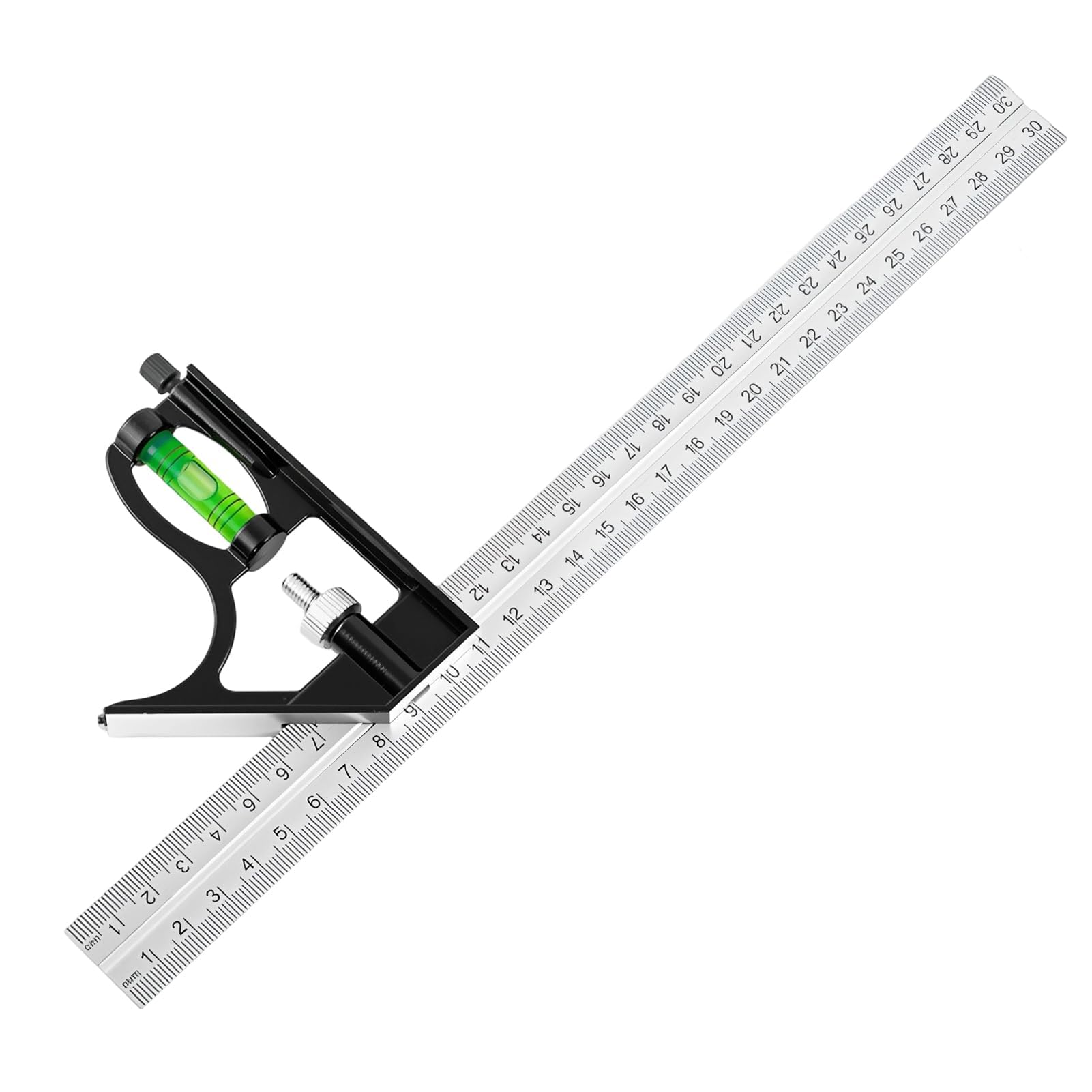 Combination Square 12Inch/300mm, Carpentry Square Stainless Steel Measuring Tool with Zinc Alloy Handle Bubble Level, Brass Scriber Adjustable Knurl Nut, 45/90 Degree Ruler Woodworking Marking Tool