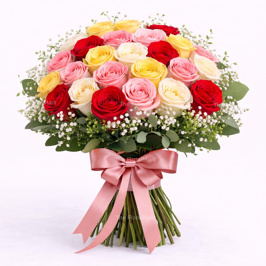 The FloralMart Bunch of 25 Mixed Roses Fresh Flowers Tied With Ribbon with Seasonal Fillers, for Birthday Gift, Anniversary Gift, Valentines Gift, (Same Day Delivery)-picture-25