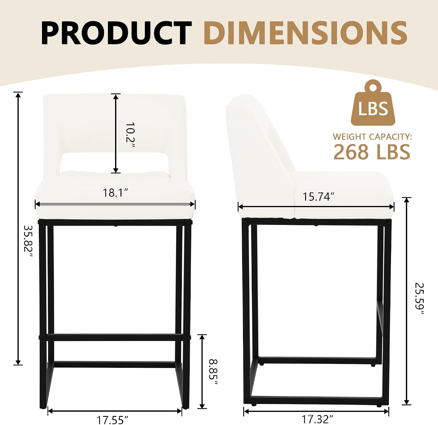ClinQ Counter Height Bar Stools Set of 2, Hollow Back Kitchen Island Barstools, Upholstered Faux Leather Counter Stools with Metal Frame, Stools for Kitchen Counter, Bar, Restaurants, Cafés, Beige