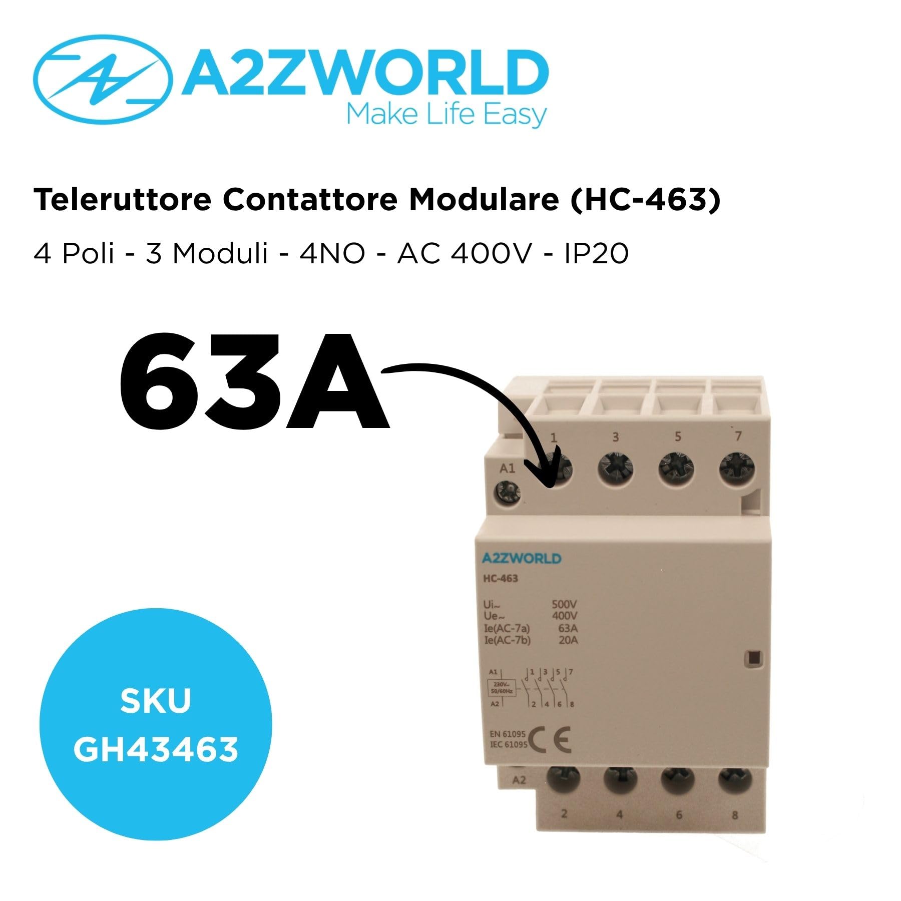 Teleruttore Contattore Modulare Trifase 4P 4NO, 63A 380V AC, 3 Moduli DIN, Certificato IEC61095 IEC60947-4-1, IP20, Serie HC-463 Professionale