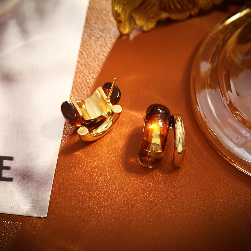 Amber Stud Earrings for Women, C Shape Brown Earrings with S925 Ear Post, 18K Gold Plated Earrings for Vintage Jewelry - Image 3