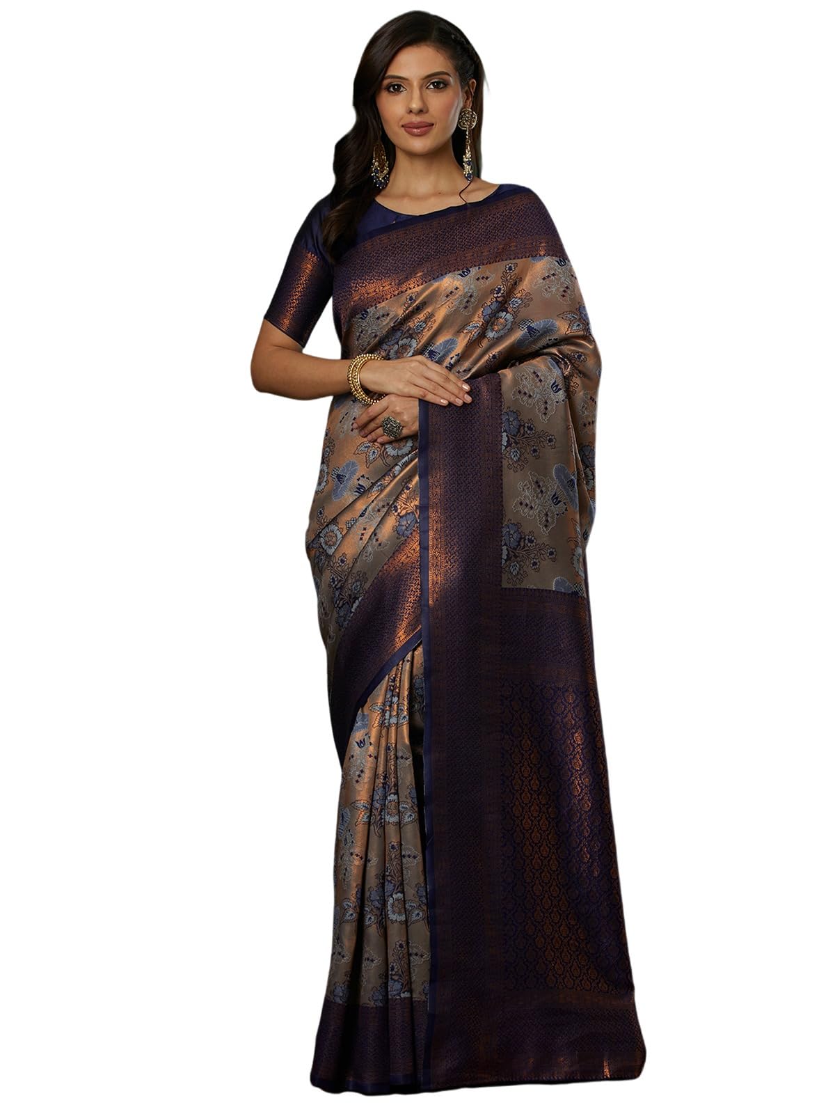 Satrani Women's Silk Blend Weaving Banarasi Saree With Unstitched Blouse Piece (4120S2907N_Grey2)