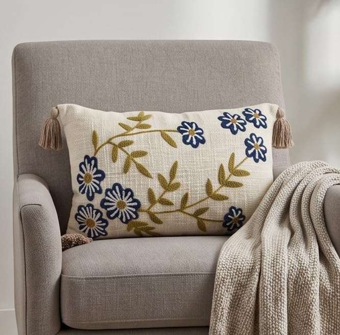 Image of Furnistitchs Boho Rectangle Cushion Cover 12x20 inches | Handmade Decorative Throw Pillow Case | Bohemian Home Decor Sofa Bed Cushion Cover Living Room Bedroom (2, Navy Aster, 12x20 inches)