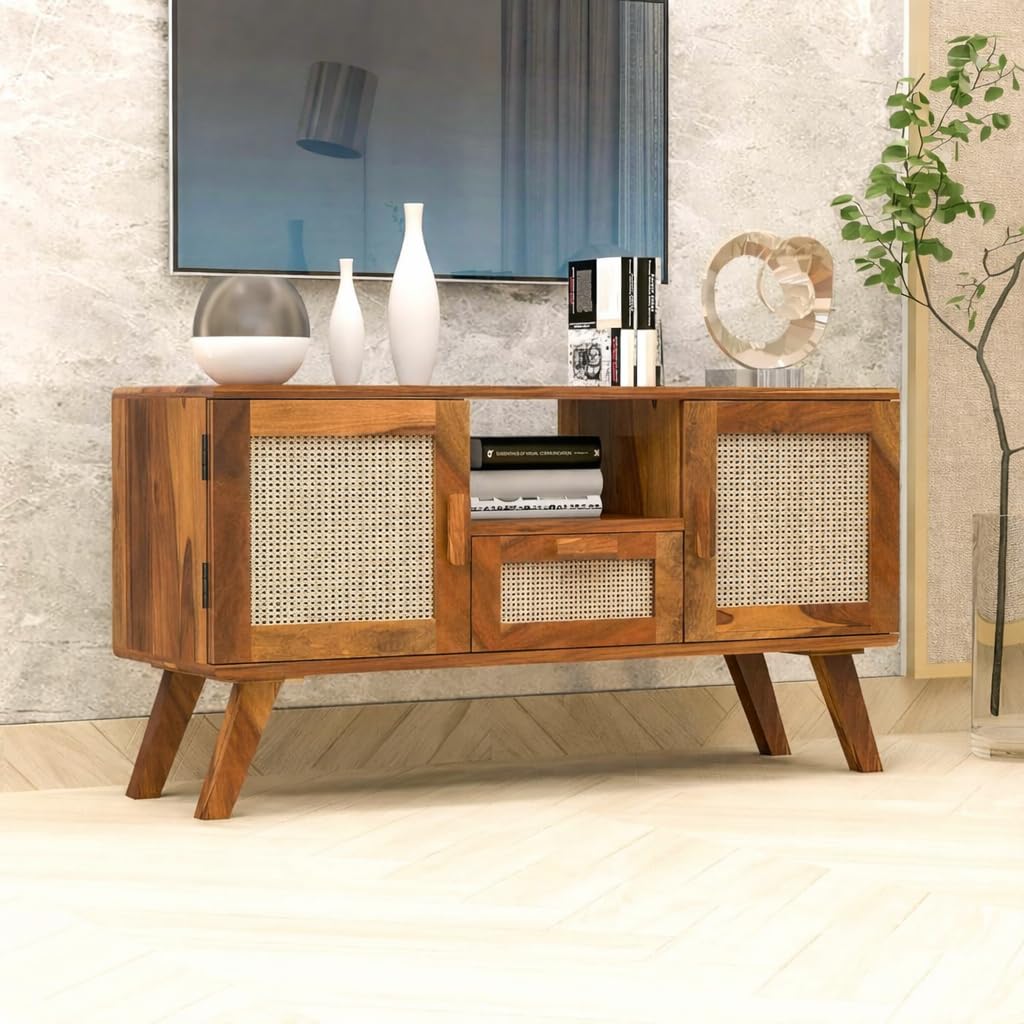 Solid Wood Tv Unit for Living Room | Sheesham Wood TV Unit | Tv Entertainment Unit Wood Storage Cabinet | Wooden Tv Stand | TV Table Wooden Media Console for Bedroom (Natural Finish)-image-10