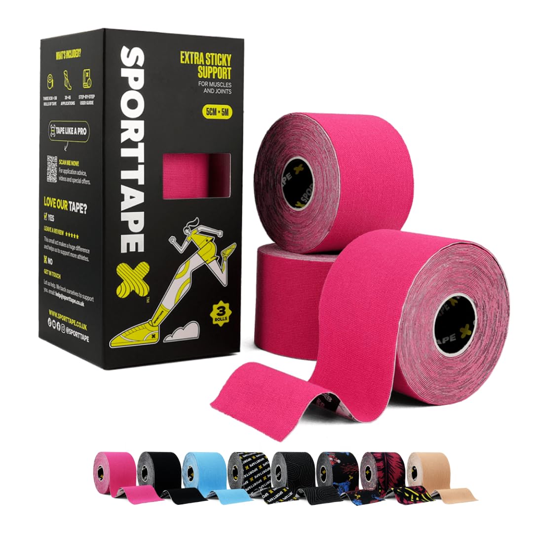 SPORTTAPE Kinesiology Tape, 5cm x 5m, 3 Rolls, Pink - Waterproof & Hypoallergenic Kinetic Physio Tape for Muscle Injury Recovery, Sports Strapping for Knee Pain, Shoulder, Joint Support & Blisters
