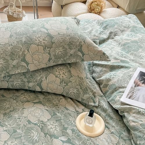 VM VOUGEMARKET Jacquard Flower Duvet Cover King with 2 Pillow Shams,Sage Green Bedding Set,Soft Breathable Yarn-Dyed Cotton Comforter Cover with Zipper Closure-King