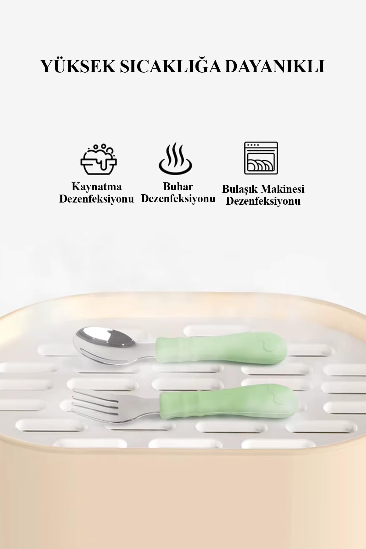 Silikon Saplı Paslanmaz Çelik Bebek Kaşık Çatal Seti (Pembe)