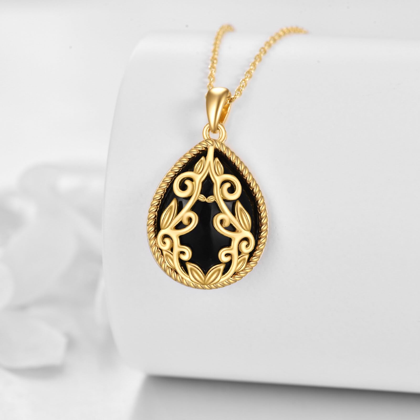 YAFEINI Schwarze Onyx Kette Sterling Silber Tropfen Anhänger Halskette 18 Karat Gelbgold Vergoldet Filigrane Boho Kette Halskette Schmuck Geschenke für Damen