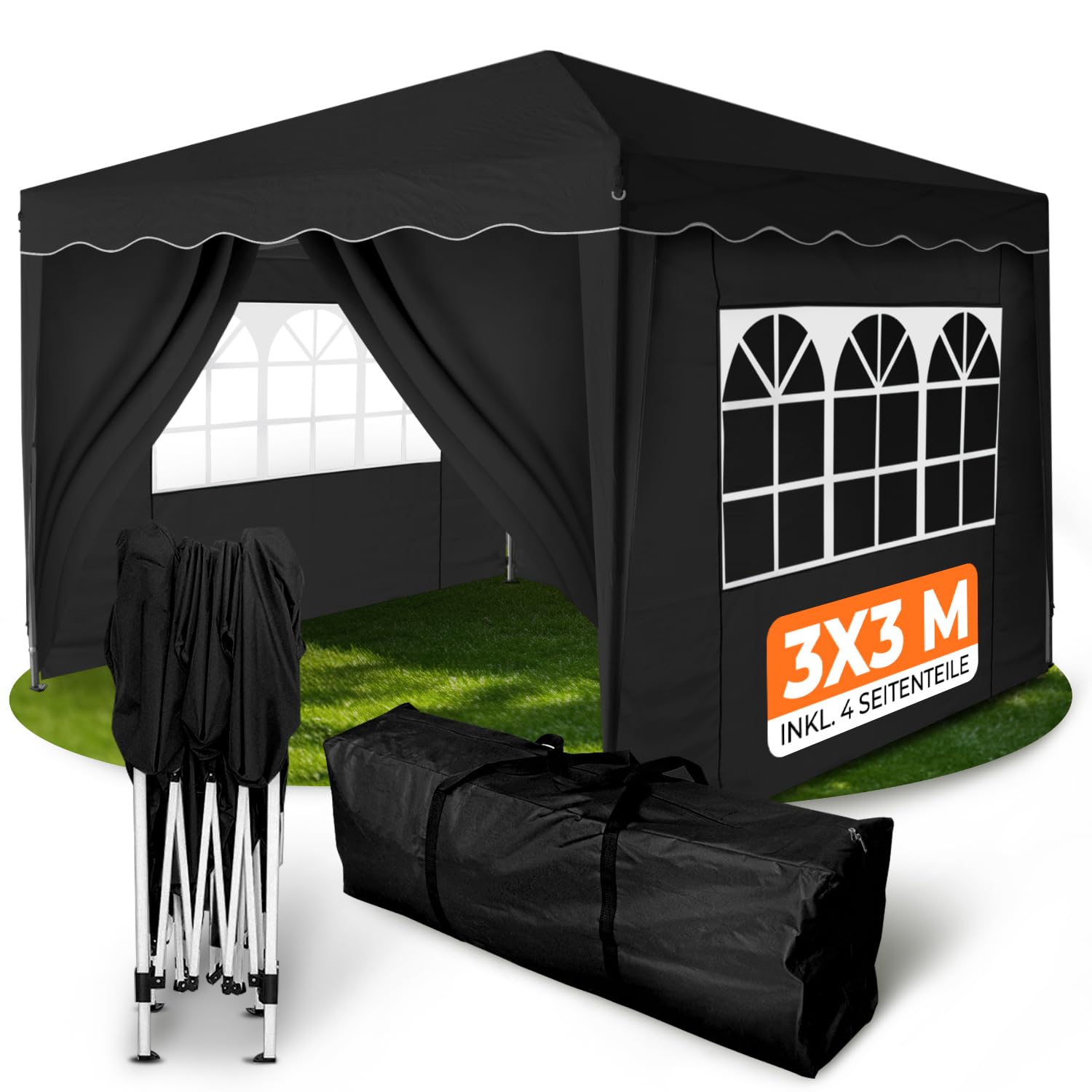 Kronenburg Faltpavillon wasserdicht Dachmaß 3 x 3 m UV Schutz 50+ Pavillon in Schwarz mit 4 Seitenteilen