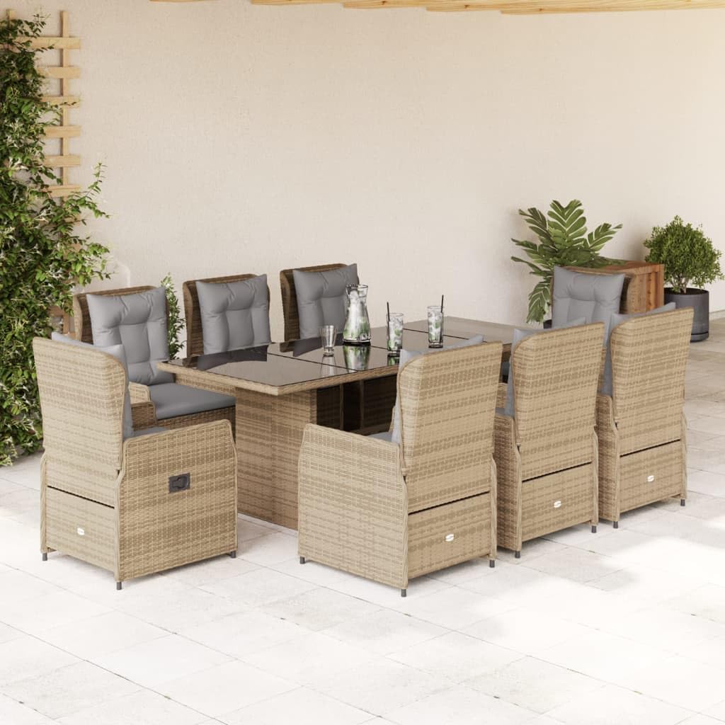 Ensemble à Manger de Jardin et Coussins 9 pcs Beige Poly rotin,Ensemble De Salle À Manger,Salle À Manger Extérieur,Salons De Jardin