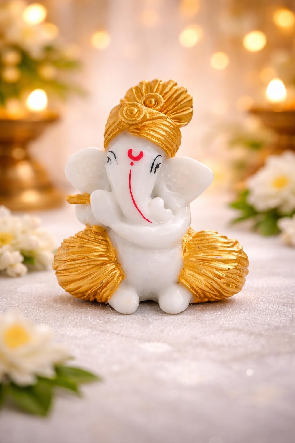 Emagnet Traditional Hand Painted Lord Ganesha Idol in Marble Dust – Premium White & Gold Idol | Small Ganpati Murti for Car Dashboard, Desk, Pooja & Decor (White & Gold, 6 CM)