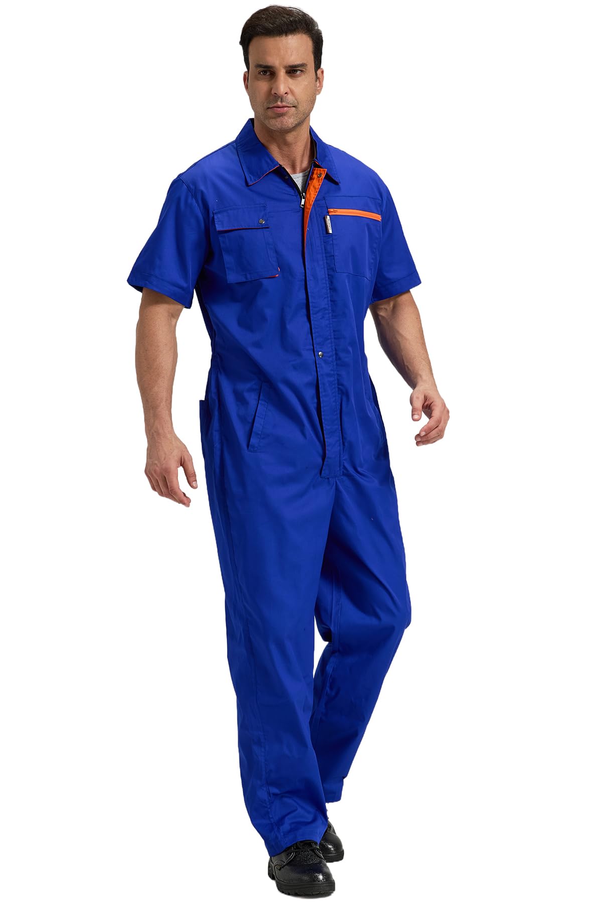 Męski zamek błyskawiczny z przodu kombinezon boilersuit ochronny odzież robocza kombinezony krótkie rękawy bojler garnitur z elastyczną talią wytrzymały funkcjonalny pokrowiec kontrastowy kolor, szary/królewski błękit