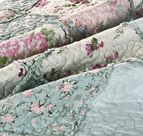 Chezmoi Collection Abbi 3-Piece Shabby Chic Bedding Queen Quilt Set Pre-Washed Cotton Floral Coverlet Bedspread Ruffled Patchwork Quilt Queen Size #TOP5