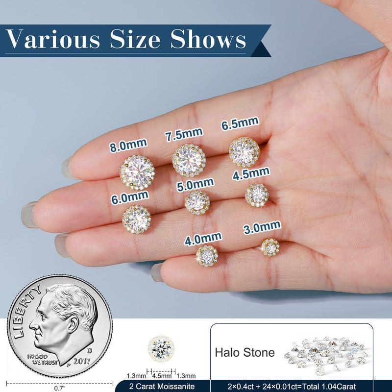 Moissanite Halo Earrings 0.2-4Carats(3-8mm) Moissanite Stud Earrings 18k Gold Over 925 Sterling Silver Earrings for Women Men D Color VVS1 Round Cluster Stud Push Back Ice Out Ear Studs - Image 5