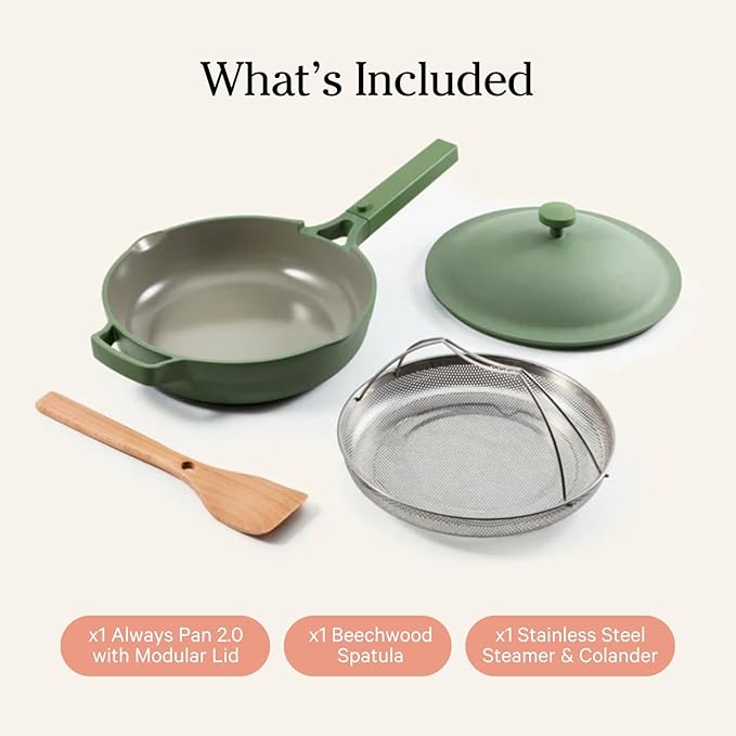 The pan's construction emphasizes health and safety by employing non-toxic materials, free from potentially harmful substances like PFOAs and PTFEs. Its patented design and construction reflect a commitment to innovative kitchen solutions that cater to everyday cooking challenges while promoting healthier cooking practices. Overall, the Our Place Always Pan 2.0 offers a unique blend of style, versatility, and eco-conscious engineering, making it a popular choice for those looking to simplify their kitchen appliance collection.