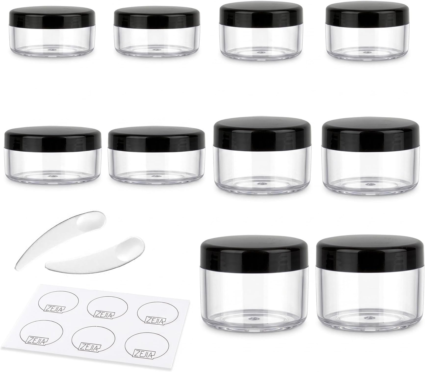 10pcs Small Travel Containers, 3/5/10/15/20 Gram Sample Jars with Lids | Travel Cream Container with 12pcs Labels and 2pcs Mini Disposable Spatula, with Various Sizes Plastic Containers
