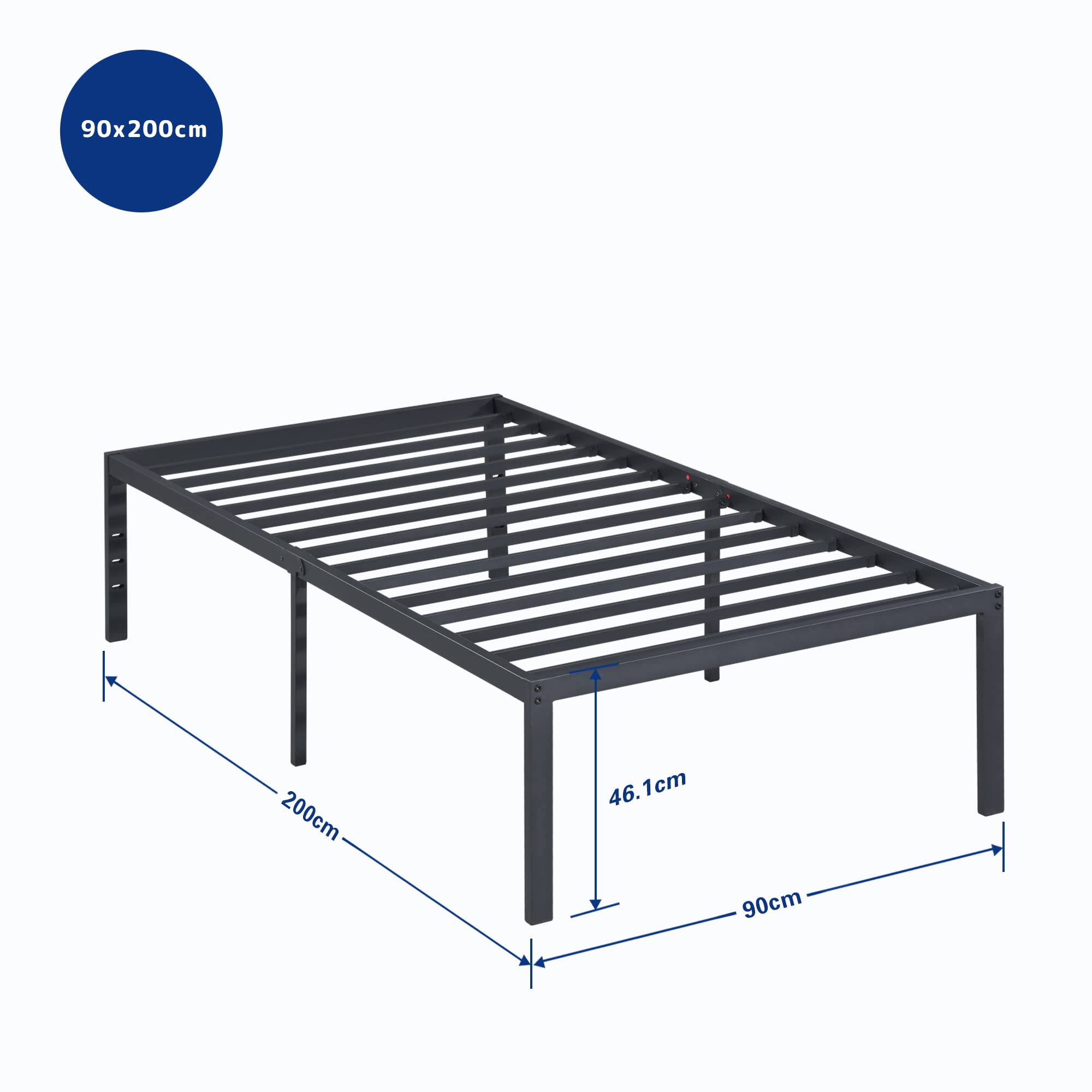 Olee sleep 45 cm stabilne łóżko stalowe/stalowy stelaż pod materac/podstawa materaca/metalowa rama łóżka/łóżko / 90 x 200 cm/Twin/czarny/metal