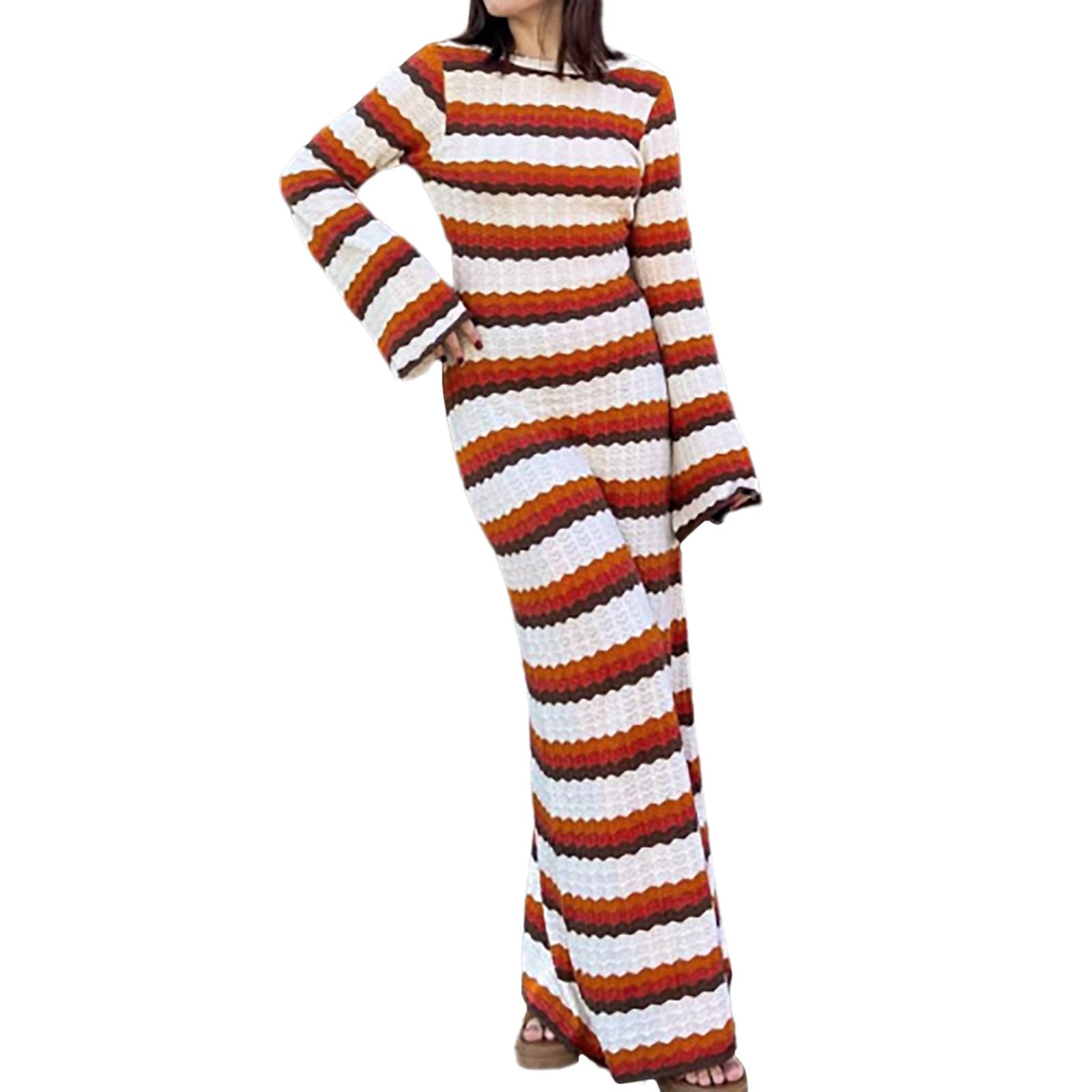 Abito lungo sexy da donna a righe a contrasto in spiaggia vacanza lavorato a maglia scava fuori
