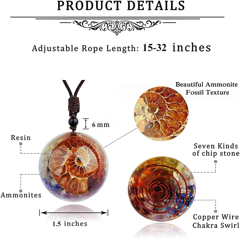 7 Chakra Crystal Necklace Natural Quartz Resin Ammonite Fossil Energy Stone Spiral Pendant with Adjustable Rope Shield Spiritual Healing Jewelry Gift for Women Men - Image 4
