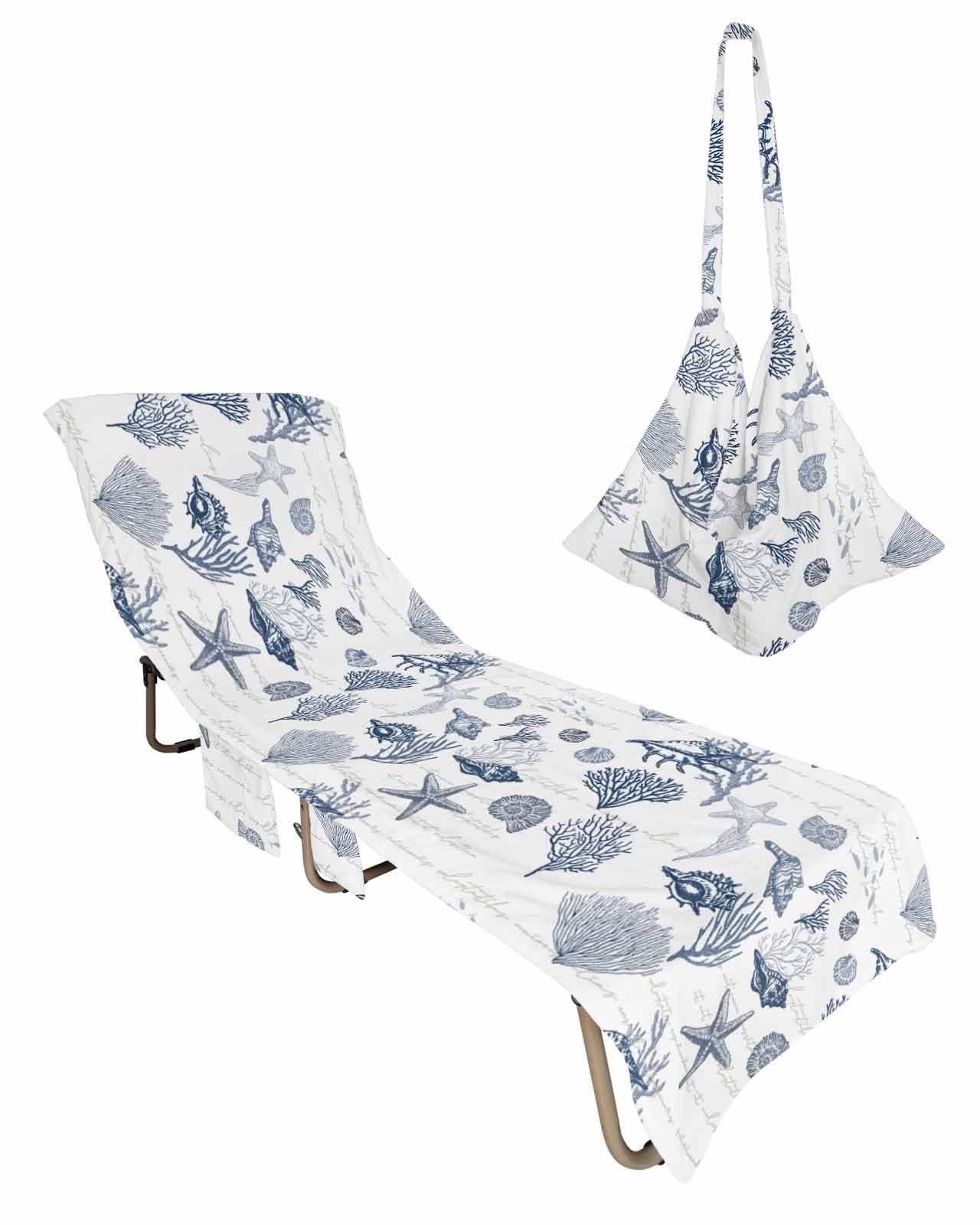 Navy Coastal Beach Chair Towel Covers for Chaise Lounge with Side Pocket, Soft Plush Pool Towels Cover for Patio Sunbathing Outdoor Nautical Starfish Seaweed Shell Coral Conch 29''x85''