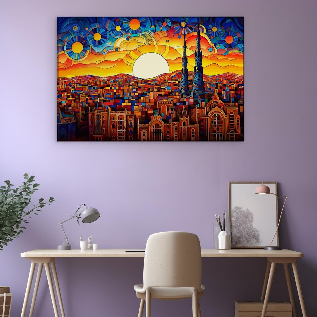 Canvas for Living room. Cityscape Kaleidoscope: A Stained Glass Skyline Under the Cosmic Gleam, 27 x 18 inch Canvas Wall Art - Ready to Hang