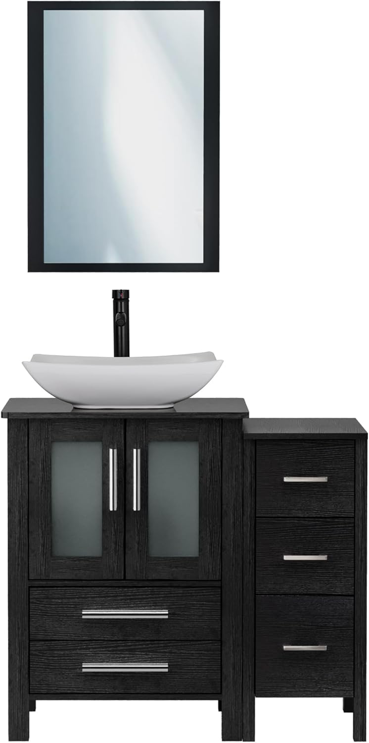 UEV 36" Black Bathroom Vanity with Vessel Sink,Modern Bathroom Vanity Cabinet with Removable Side 3 Drawers Cabinet,Modern Artistic Ceramic Vessel Sink Combo,Mirror Not Included(032WH)