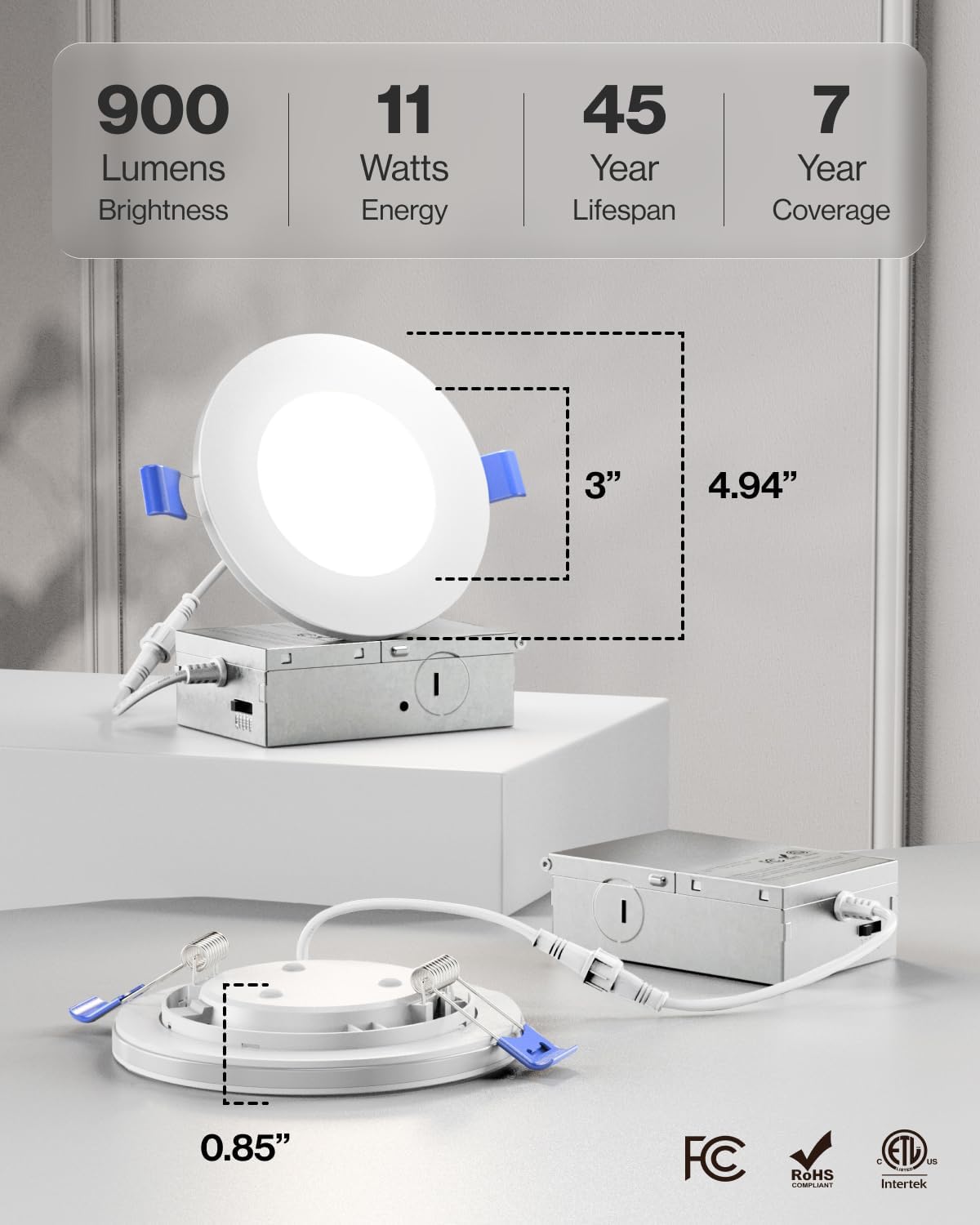 Sunco 4 Inch LED Recessed Lights with Night Light, Slim Ceiling Lighting, 900 LM, 11W (110W Equiv), Selectable CCT 2700K/3000K/3500K/4000K/5000K, Dimmable, Canless with Junction Box ETL 4 Pack.