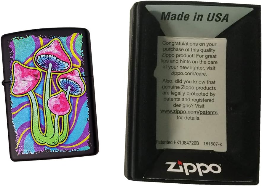 Zippo Custom Lighter - Trippy Psychedelic Pop Art Mushroom - Regular Black Matte - Gifts for Him, for Her, for Husband, for Wife, for Them, for Men, for Women