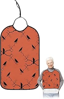 BOBOWUNY Halloween Black Crow on Branch Adult Bibs for Elder Women Men Eating, Orange Backdrop Waterproof & Washable Bibs for Eating Clothing Protector Dining Bibs for Crumb Catcher