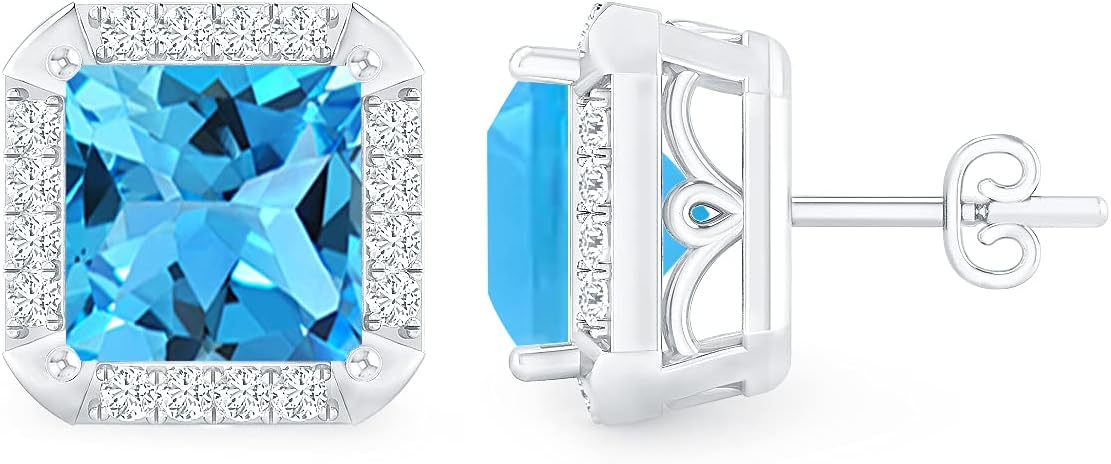 Inspereza Princess Cut Gemstone and Round Diamond Halo Stud Earrings in 14kt Gold (6 MM gemstone)