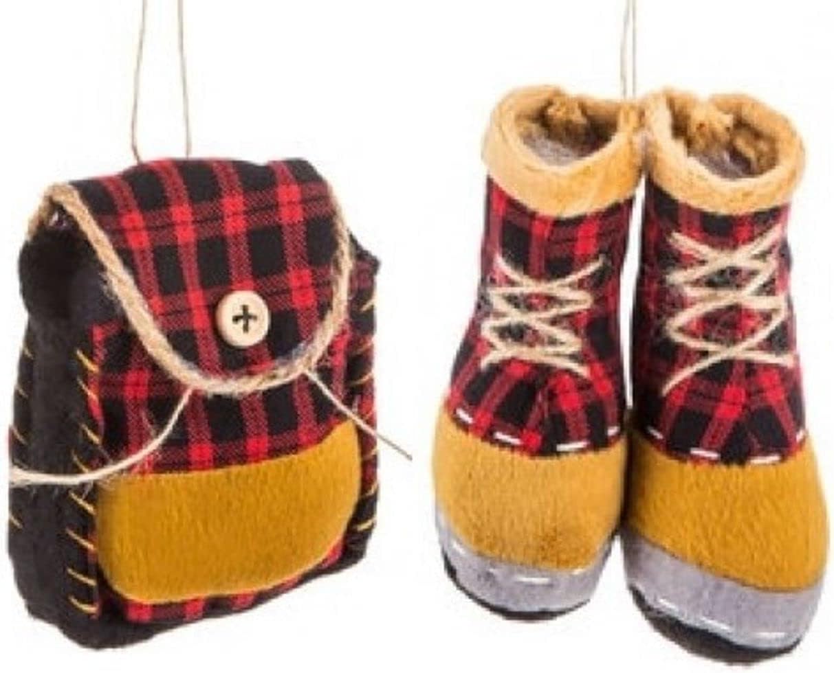 Hiking Boots and Backpack Ornaments Bundle, Red Plaid Lodge Cabin Decor for Hikers