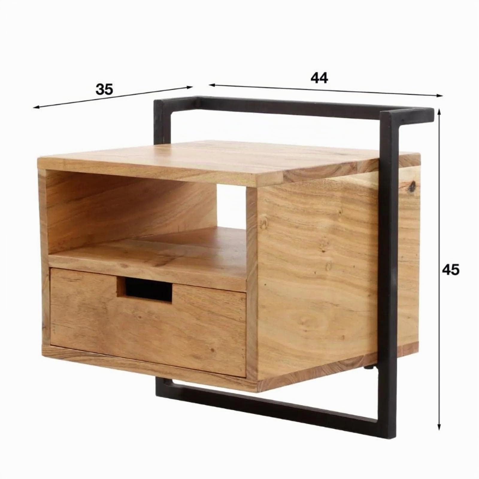 Ringo-Living Massivholz Nachttisch Lolei Hängend mit Schublade & Fach, Dunkelbraunes Regal mit Schwarzem Metall Rahmen, Schlafzimmer Wandregal Schwebend