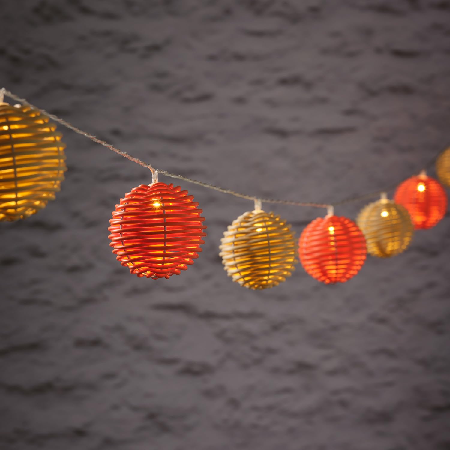 Lights4fun Orange And Cream 10 Led Wicker Rattan Ball Outdoor Solar Powered Decorative Garden String Fairy Lights Fully Waterproof 2.25M