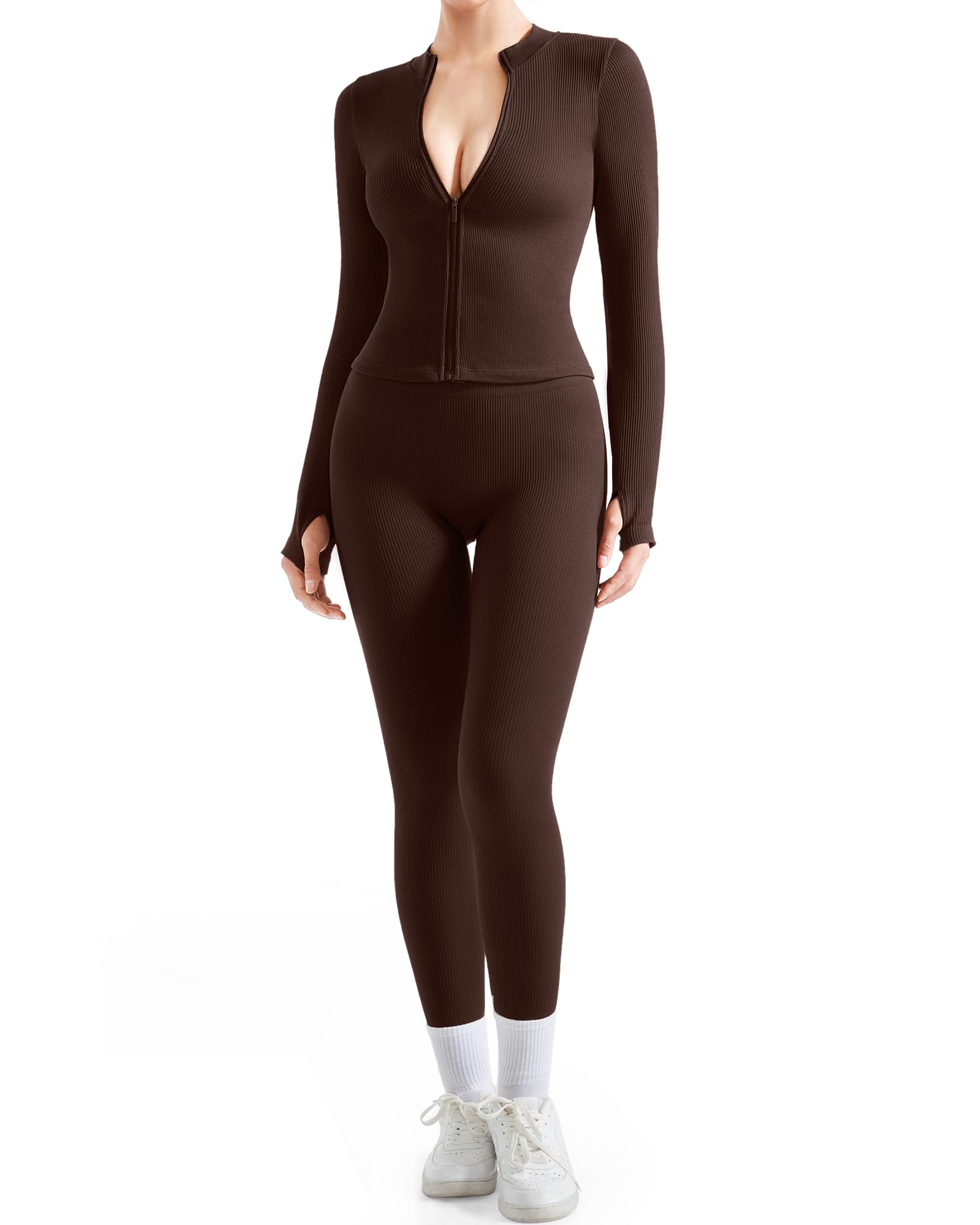 SUUKSESS Women 2 Piece Seamless Ribbed Workout Sets With Zip Up Jacket High Waisted Gym Yoga Leggings